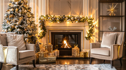 Fototapeta premium Luxurious hotel lounge beautifully decorated for Christmas, featuring elegant fireplace, plush armchairs, and lavishly adorned Christmas tree. Concept of festive luxury, warmth, holiday celebration