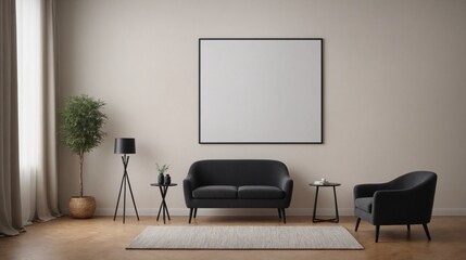A modern living room with furniture and decorative items 3d illustration. An empty wall art frame mock-up template on the wall.