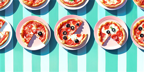 Colorful pattern of pepperoni and olive pizzas on striped background