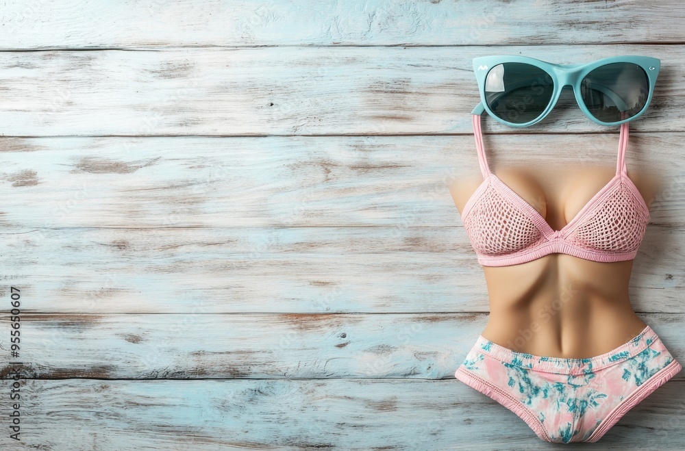 Wall mural summer fashion: pink bikini and blue sunglasses on wooden background