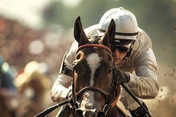 Obraz premium Equestrian man in racing helmet on galloping horse during competition. Concept of jockey, horse racing, sport, competition