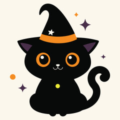 Halloween Cat Vector Art, Halloween Clipart, Cat with Halloween Hat Vector Icon Sticker Illustration