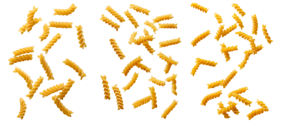 Set of Falling raw Fusilli, Rotini, uncooked Italian Pasta, isolated on transparent background PNG