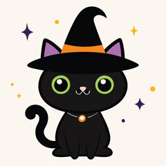 Halloween Cat Vector Art, Halloween Clipart, Cat with Halloween Hat Vector Icon Sticker Illustration