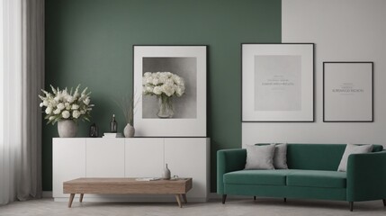 A modern living room with green sofa set, decorative items and other furniture set 3d illustration. An empty wall art frame mock-up template on the wall.