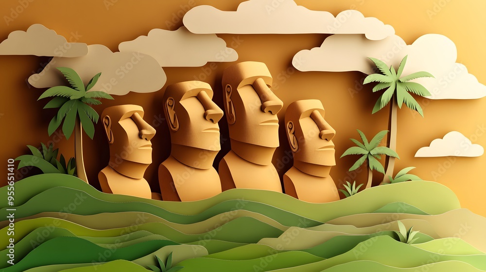 Poster 40. **create a 3d paper cut concept of the moai statues on easter island with their distinctive feat