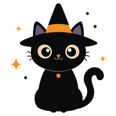Halloween Cat Vector Art, Halloween Clipart, Cat with Halloween Hat Vector Icon Sticker Illustration