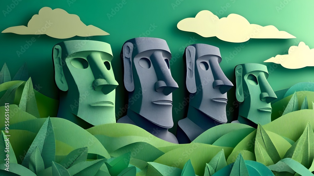 Poster 40. **Create a 3D paper cut concept of the Moai Statues on Easter Island with their distinctive features, leaving space around them for text.**