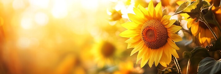 Naklejka premium Sunflower in the Sun with Golden Yellow Color and Blurred Background. AI generated illustration.