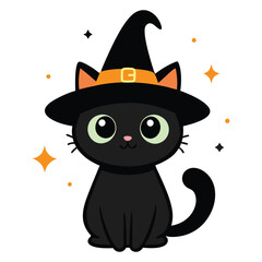 Halloween Cat Vector Art, Halloween Clipart, Cat with Halloween Hat Vector Icon Sticker Illustration