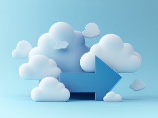 Arrow and clouds on light blue background, symbolizing direction and progress. 