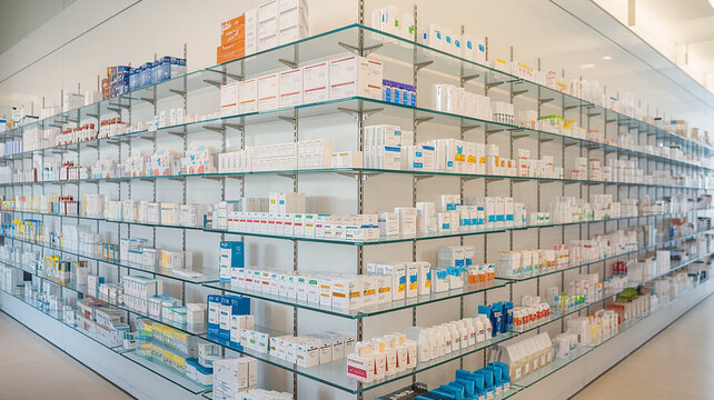 A Photograph of a modern Young pharmacist smiling confident standing with medicine shelf in drug store Pharmacy shop interiors