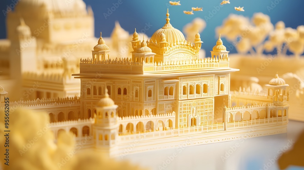 Poster 41. **design a 3d paper cut of the golden temple in amritsar, featuring its ornate architecture and 