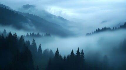 Silent Mysterious Foggy Morning in the Mountains