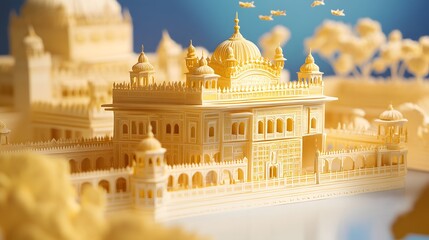 41. **Design a 3D paper cut of the Golden Temple in Amritsar, featuring its ornate architecture and ample space in the sky for text.**