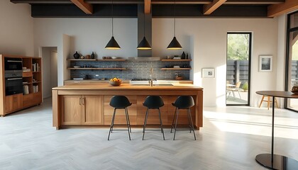A modern & stylish kitchen with a large wooden island, black bar stools, & pendant lights. kitchen with minimalist design open shelving and large window created with generative ai	
