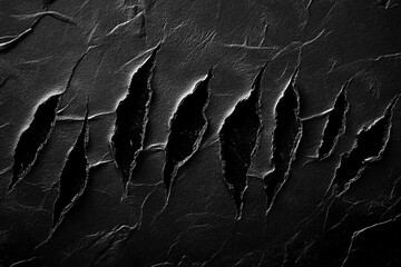 Mysterious claw marks stretch across a shadowy surface with deep grooves. Abstract black background. 
