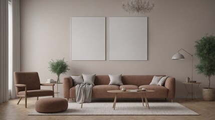 A modern living room with furniture and decorative items 3d illustration. An empty wall art frame mock-up template on the wall.