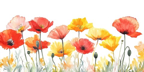 Watercolor painting of red and yellow poppies blooming in a field with a white background