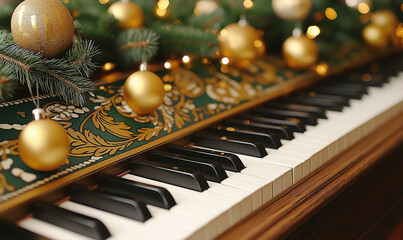 Christmas piano keys decorated with golden ornaments and pine branches. 
