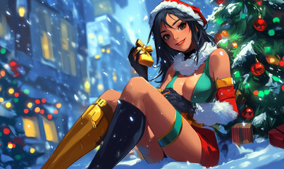 Festive anime woman in Christmas attire holding gift in snowy cityscape. 