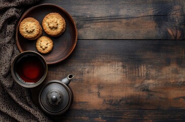 Fototapeta premium Tea Time with Cookies on Rustic Wooden Background