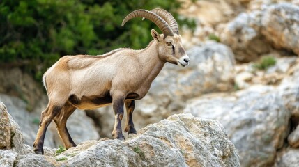 A goat is standing on a rocky mountain top