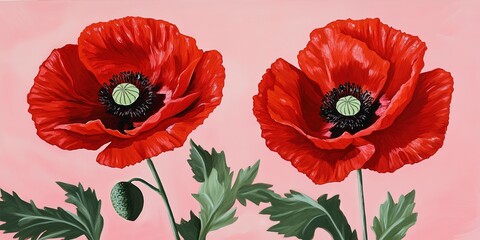 two red poppies with green leaves on a pink background. Vibrant Red Poppies in Full Bloom
