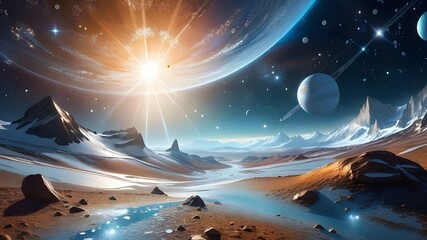 river winding through an otherworldly terrain, featuring towering mountains and multiple celestial bodies