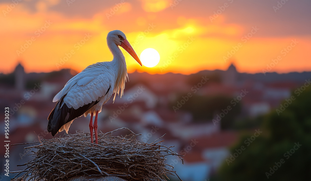 Poster a white bird is standing on a nest in front of a sunset. the bird is looking towards the sun, which 