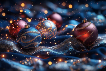Colorful Christmas ornaments on glittery fabric background.