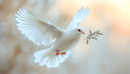 Fototapeta premium A white dove is flying with a leaf in its beak. Concept of peace and tranquility, as the dove is a symbol of hope and freedom. Dove of peace