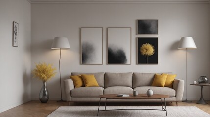A modern living room with furniture and decorative items 3d illustration. An empty wall art frame mock-up template on the wall.