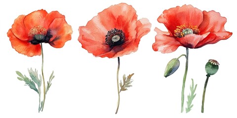 Obraz premium Watercolor red poppies set for interior decoration textiles invitations and cards. Concept Poppy Paintings, Textile Decor, Invitation Design, Card Making