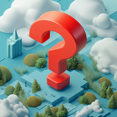Abstract red question mark in a surreal landscape with clouds and trees. 