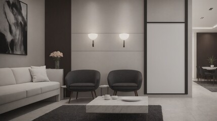 A modern living room with furniture and decorative items 3d illustration. An empty wall art frame mock-up template on the wall.