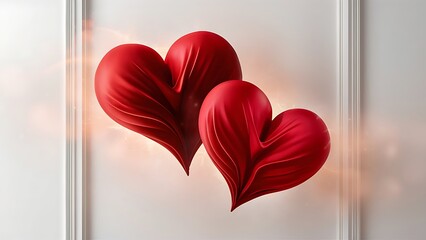 two red silk hearts on white background love concept