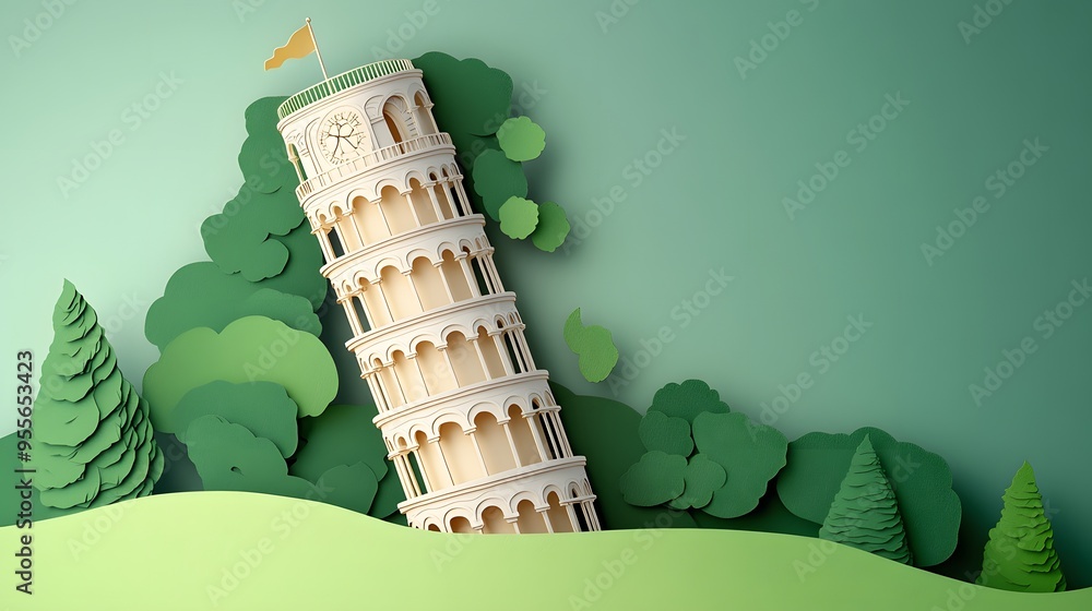 Poster 44. **create a 3d paper cut concept of the tower of pisa with its characteristic lean, leaving ample