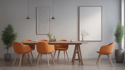 A modern living room with furniture and decorative items 3d illustration. An empty wall art frame mock-up template on the wall.