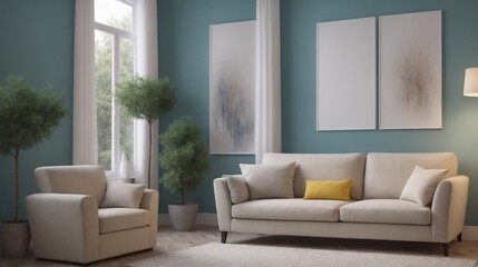A modern living room with furniture and decorative items 3d illustration. An empty wall art frame mock-up template on the wall.