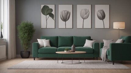 A modern living room with green sofa set, decorative items and other furniture set 3d illustration. An empty wall art frame mock-up template on the wall.