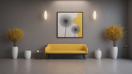 A modern living room with furniture and decorative items 3d illustration. An empty wall art frame mock-up template on the wall.
