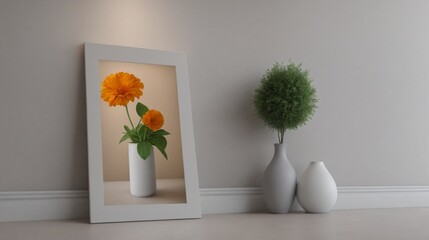 A modern living room with furniture and decorative items 3d illustration. An empty wall art frame mock-up template on the wall.