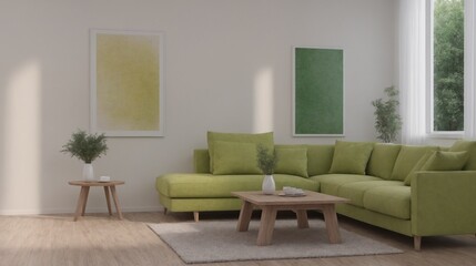 A modern living room with green sofa set, decorative items and other furniture set 3d illustration. An empty wall art frame mock-up template on the wall.