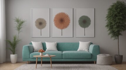A modern living room with green sofa set, decorative items and other furniture set 3d illustration. An empty wall art frame mock-up template on the wall.