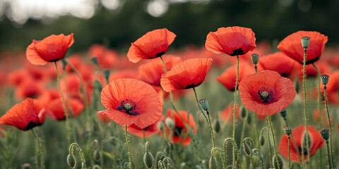 Obraz premium close up of red poppy flowers in a field 