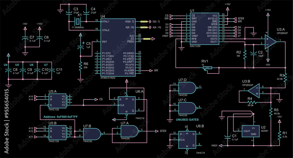 Poster vector electrical scheme. schematic diagram of electronic device, operating under control of microco