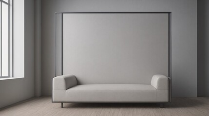 A modern living room with a white sofa set, decorative items and other furniture set 3d illustration. An empty wall art frame mock-up template on the wall.