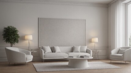 A modern living room with a white sofa set, decorative items and other furniture set 3d illustration. An empty wall art frame mock-up template on the wall.