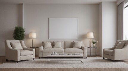 A modern living room with a white sofa set, decorative items and other furniture set 3d illustration. An empty wall art frame mock-up template on the wall.